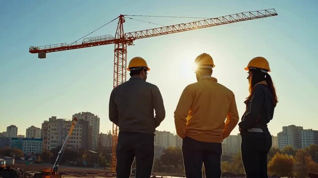 footage with group of workers in hard-helmet taking  during building development; crane in the background; copy space