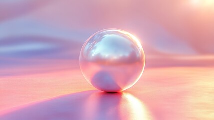 Reflective metallic sphere resting on a blurred pink surface
