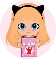 Cute little girl reading a book. Vector illustration. Cartoon character
