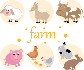 Obraz premium Cute farm animals icons set. Vector illustration in cartoon style.