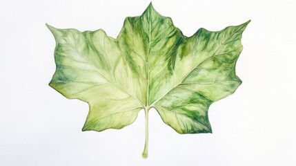 Fototapeta premium Watercolor painting of green maple leaf on white background, nature art