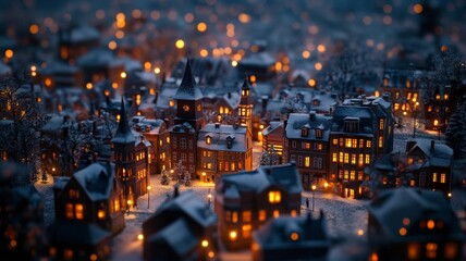 Fototapeta premium Enchanted Winter Village at Night: A Miniature Snowscape