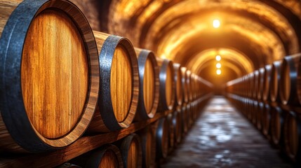 Wooden wine barrels in a long wine cellar tunnel