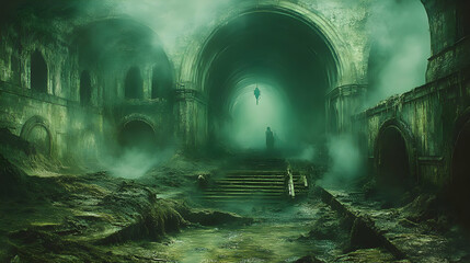 Naklejka premium Mysterious Green Ruined Cathedral Tunnel