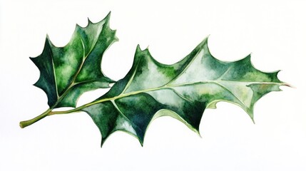 Naklejka premium Watercolor painting of holly leaves on white background, ideal for holiday cards