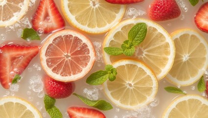 Slices of citrus fruits, strawberries, and mint leaves floating in clear water with bubbles, creating a refreshing summer aesthetic.
