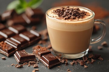 Delicious mochacino topped with chocolate shavings in a cozy cafe setting