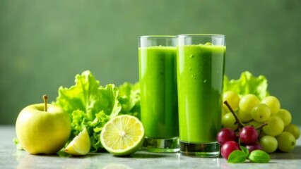 Glass mugs with green health smoothie, cabbage leaves, lime, apple, kiwi, grapes, banana, avocado, salad. Raw, vegan, vegetarian, alkaline food concept.