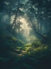 Fototapeta premium Forest in the morning fog and sunlight