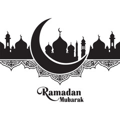Silhouette sketch of Mosque with Domes, Minarets, Archways, and 'Ramadan Kareem' Calligraphy Design