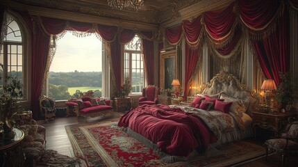 Luxurious master bedroom with large windows overlooking a scenic landscape.