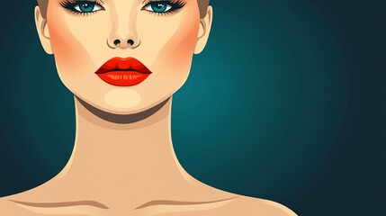 Elegant portrait of a woman with striking red lips and captivating blue eyes against a dark background