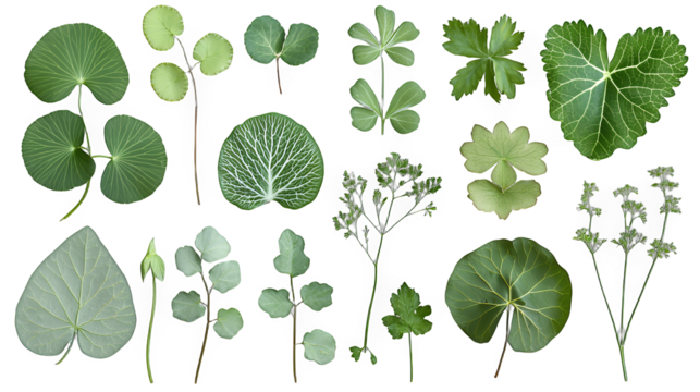 a collection of green leafy plants on a transparent background, PNG image, PNG file, Generative art.