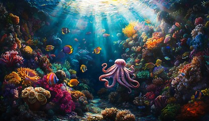 Obraz premium A lively octopus talking to colorful fish on a coral reef
