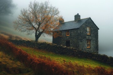 Fototapeta premium A stone farmhouse in the Lake District, England, with an autumn tree on one side and a foggy atmosphere