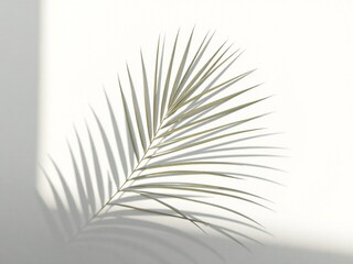 Fototapeta premium A soft and elegant shadow of a palm leaf cast on a pure white background, creating a tropical and minimalistic aesthetic