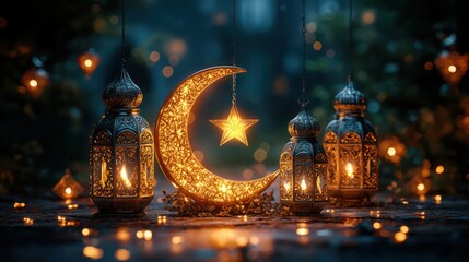 Islamic ramadan background design in fairy tale style with red crescent and lantern,place for text, ramadan