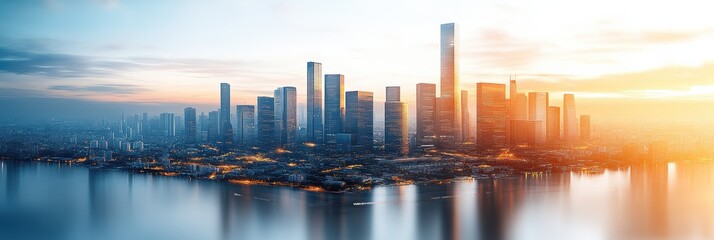 Naklejka premium City skyline illuminated at sunset reflecting on calm waters with modern architecture