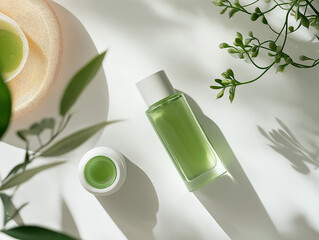 Green Transparent Spray Bottle with Natural Leaves and Soft Shadows - AI Generated