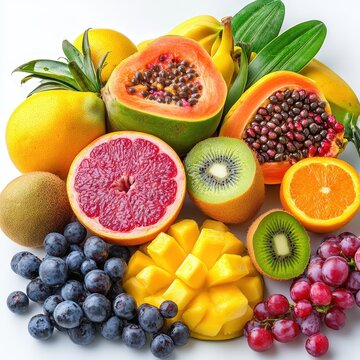 A colorful collection of fresh, ripe fruits like apples, oranges, grapes, and bananas isolated on white
