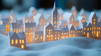 Obraz premium Illuminated Paper City in a Snowy Landscape