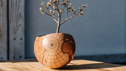 Unique Map-Designed Planter with Small Branches Growing Inside Natural Wood Pot