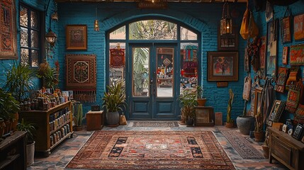 Turquoise shop interior, archway, outdoor view, retail space, warm decor, possible use stock photo