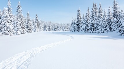 Fototapeta premium Snow-covered forest path, winter wonderland, scenic background, travel poster