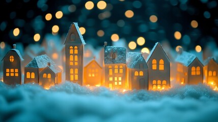 Obraz premium Enchanted Winter Village at Night: Glowing Paper Houses in Snowy Landscape