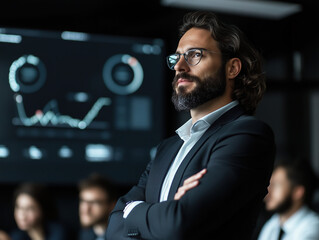 A professional presenter in a business suit is standing confidently in front of a large screen displaying dynamic graphs and charts