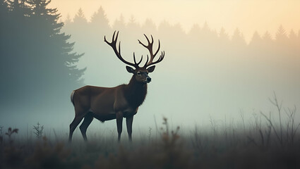 Fototapeta premium Title: A Majestic Red Deer Stag Stands Poised in a Misty Forest