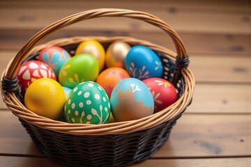 Fototapeta premium wicker basket with hand painted Easter eggs black finish