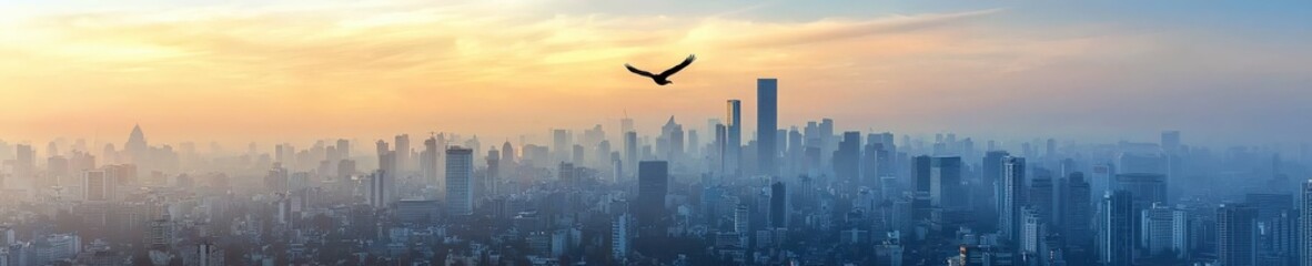 Fototapeta premium A symbolic image of a bird flying into clean air above a polluted city.