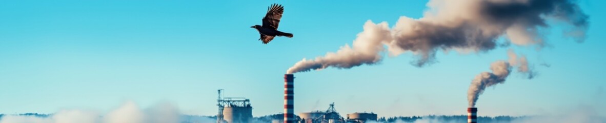 Fototapeta premium A symbolic image of a bird flying into clean air above a polluted city.