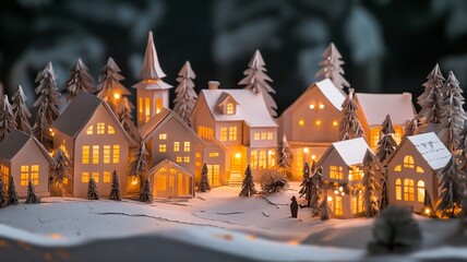 Fototapeta premium Enchanted Winter Village: Illuminated Paper Model Houses in a Snowy Landscape