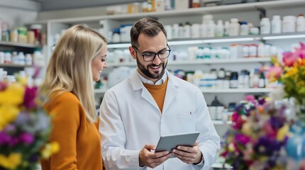 Obraz premium Pharmacist Consulting with Customer Using Tablet in Pharmacy.