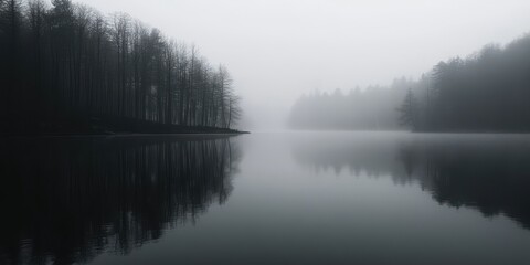 Fototapeta premium A calm lake with reflections of trees in the early morning â€“ar 7:2