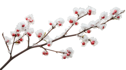 a tree branch covered with white snow and red berries against a transparent background, PNG image, PNG file, Generative art.