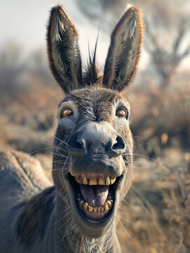 Kicking with glee, joyful donkey shows its teeth in playful manner