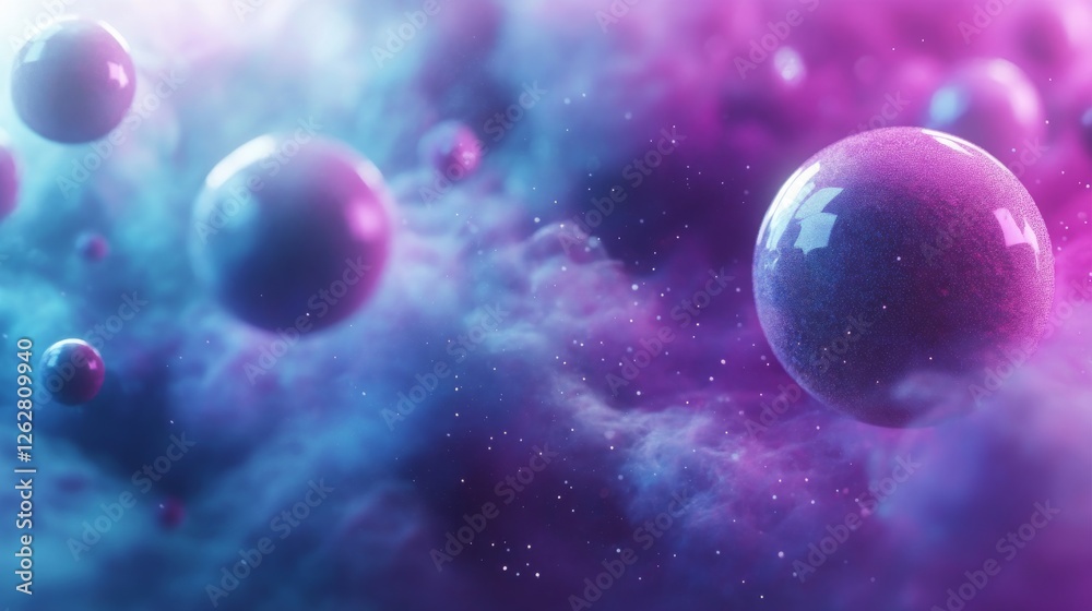 Wall mural glowing spheres float amidst a colorful cosmic cloud backdrop