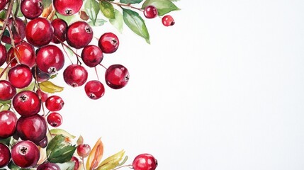 Watercolor painting of red berries; autumn harvest; white background; greeting card design