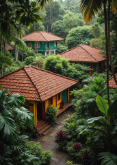 Obraz premium Tranquil tropical village with wooden houses nestled among lush green trees and palm trees, offering a peaceful, eco-friendly retreat in a serene jungle landscape