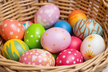 woven basket filled with hand painted colored Easter eggs