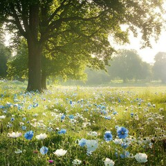 Obraz premium Serene Summer Meadow with Blue and White Flowers and Majestic Oak Tree