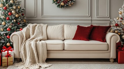 Cozy Christmas Living Room Interior with Decorated Tree and Sofa