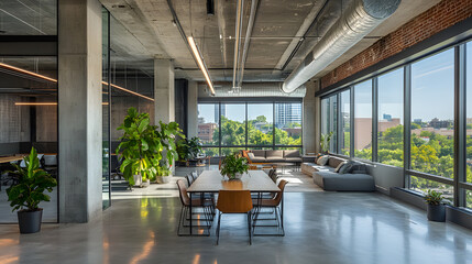 Modern office space, open floor plan with glass walls
