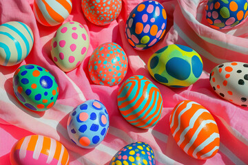 closeup photo of a collection of vibrantly painted Easter eggs with a variety of bold geometric and playful hand-painted patterns, including polka dots, stripes, plaid