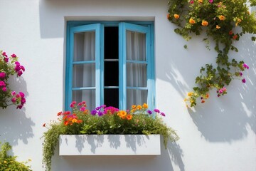 Naklejka premium Close-up of a window in a white building with a variety of bright flowers on the windowsill