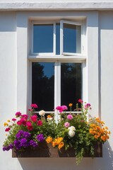Fototapeta premium Close-up of a window in a white building with a variety of bright flowers on the windowsill