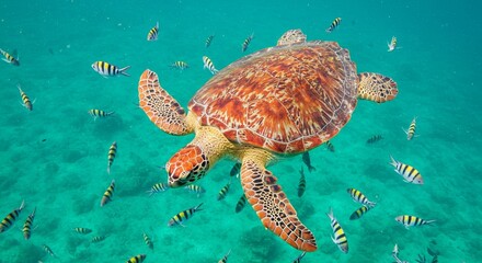 A green sea turtle glides through the ocean, surrounded by a colorful school of fish.
